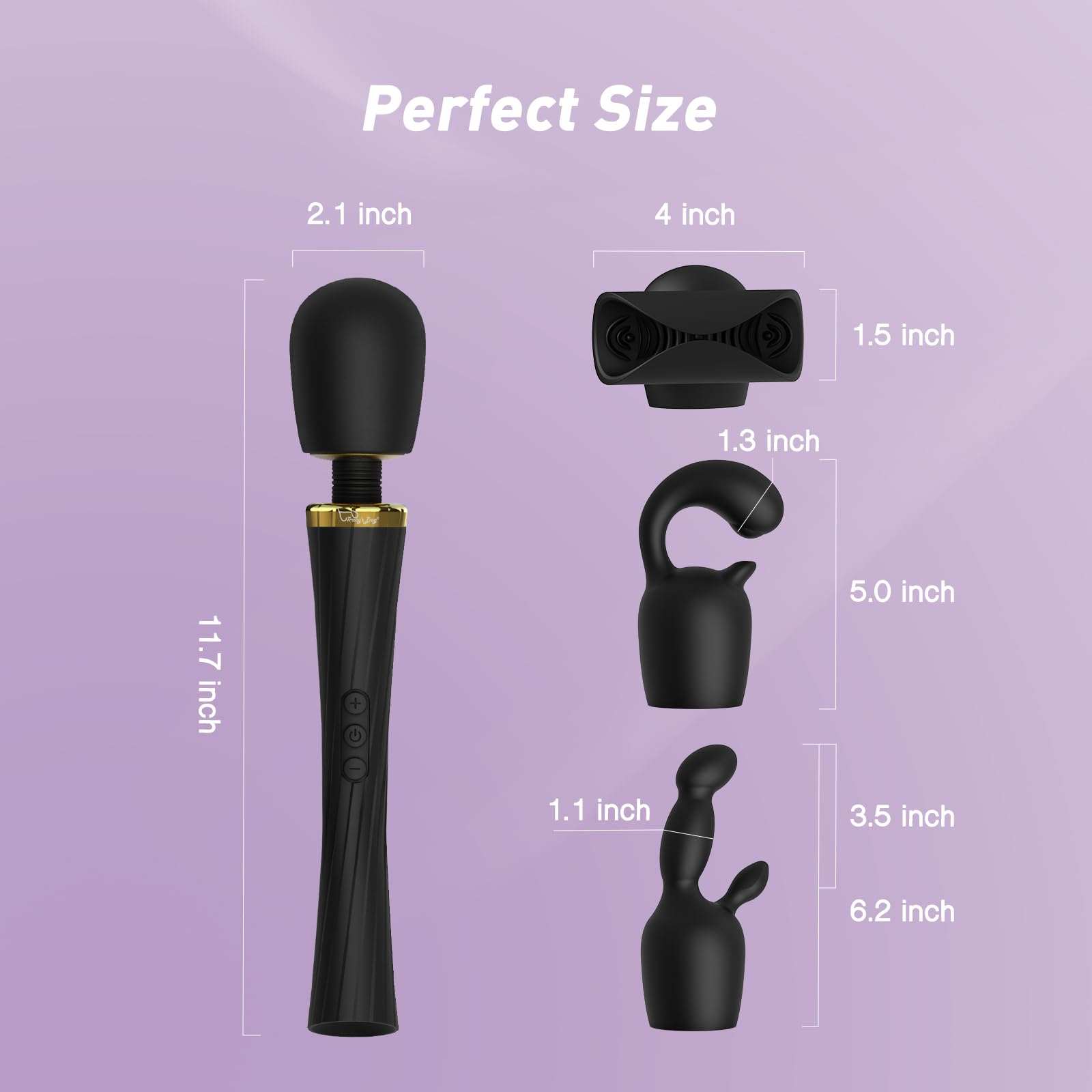 Tracy's Dog Wand Vibrator Kits with 3 attachments shown with size measurements.