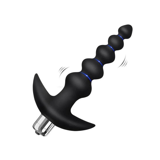Vibrating anal beads butt plug with tapered design and multi-speed vibration.