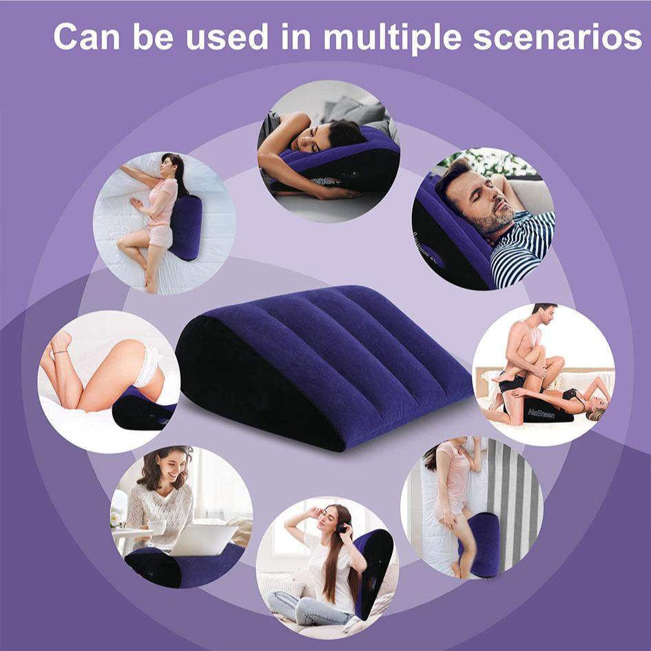 Sex toys position pillow cushion with leather bondage strap in various scenarios.