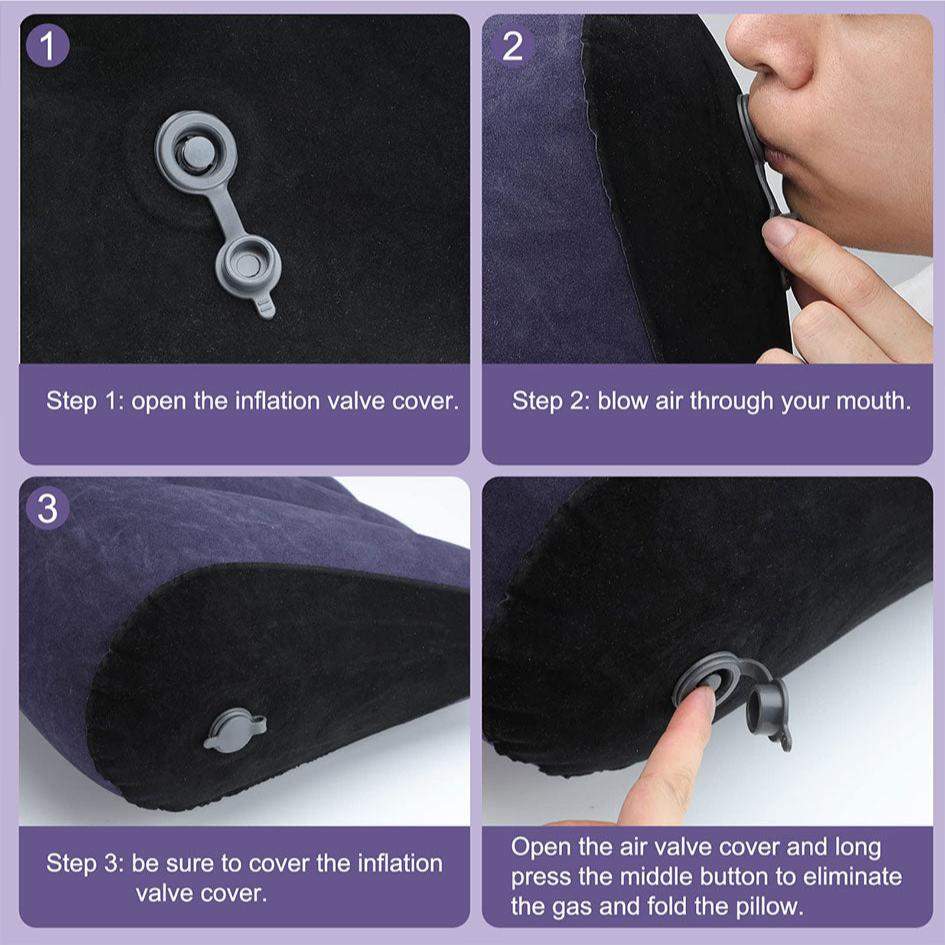 Inflatable sex toys position pillow cushion with easy inflation steps, featuring comfort and versatile use for enhanced pleasure.