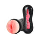 Realistic channel texture men's masturbator with 3D ribbed tunnel, black shell.