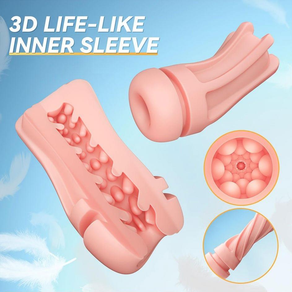 3D life-like inner sleeve of automatic male masturbator with soft, stretchable TPE material for enhanced pleasure.